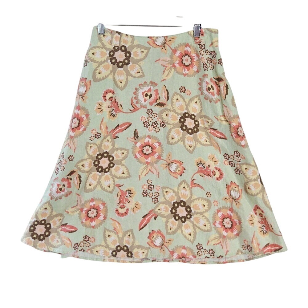 J. Jill Skirt Womens S 6 Green Floral Linen Midi A line Flare Fairy Whimsy